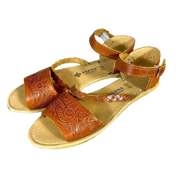 Mexican Leather Hand Tooled Flat Sandals - Picture 1 of 10